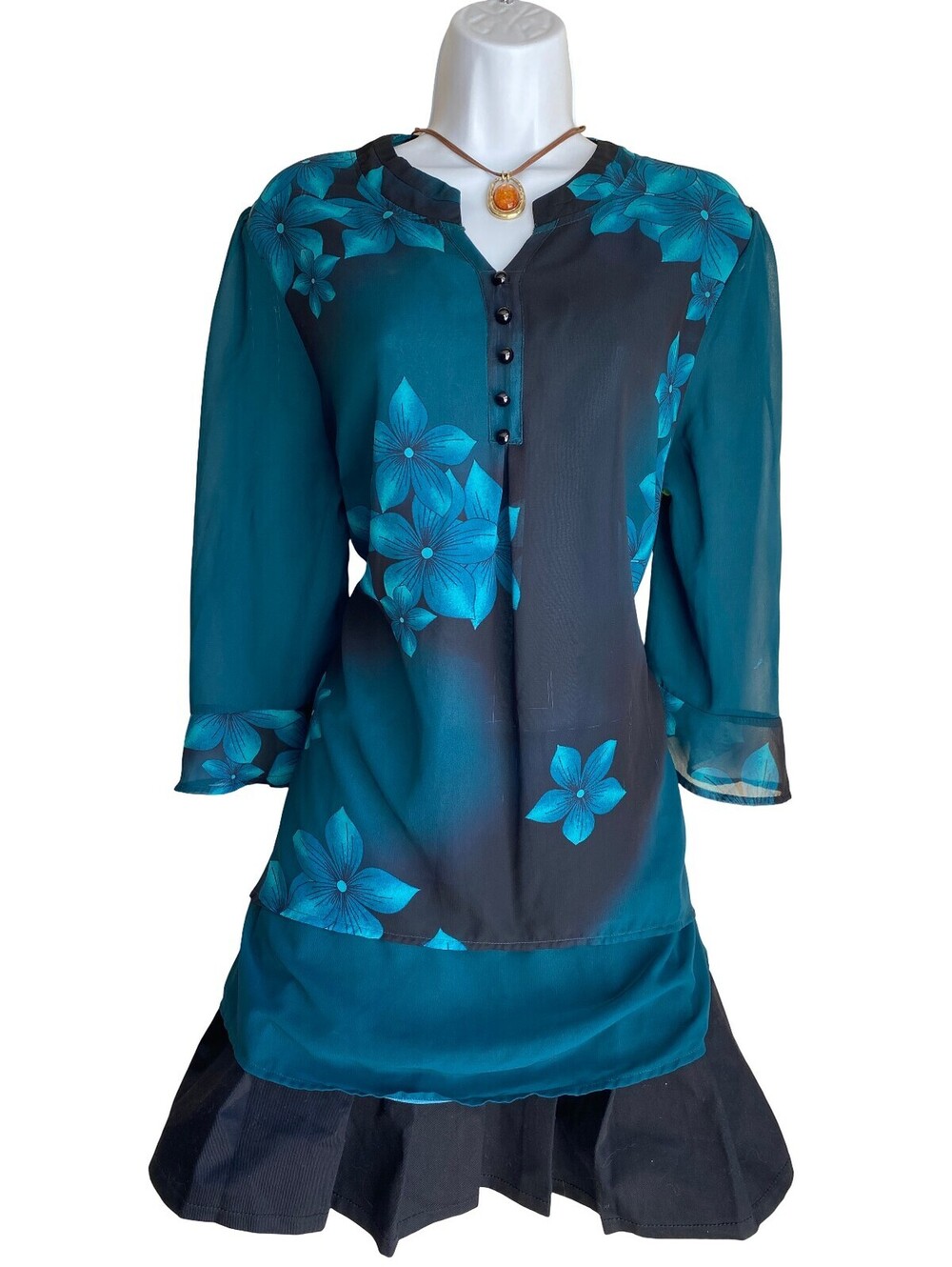 Vintage Plus 2X Teal Floral Sheer Tunic Blouse Boho Cottagecore Whimsigoth Fairy